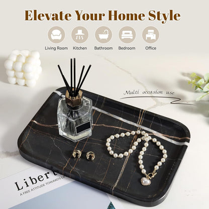 Koville Marble Tray, 12"x8" Marble Vanity Tray for Bathroom Kitchen Countertop, Rectangular Stone Tray for Cosmetics Perfume Trinket, Decorative Catchall Trays (Black)