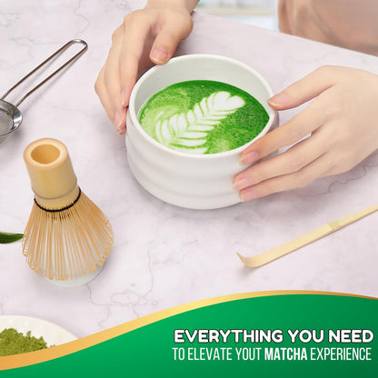 Matcha Whisk Set with Matcha Bowl, Matcha Bamboo Whisk, Scoop, Sifter, Matcha Whisk Holder Unique Gifts for Women Men Girl Friend Home Kitchen Decor Gifts for Christmas, Birthday, matcha kit