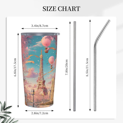 Paris Eiffel Tower Tumbler with Lid and Straw 20oz Coffee Tumblers Leakproof Stainless Steel Travel Mug Vacuum Insulated Cup for Iced and Hot