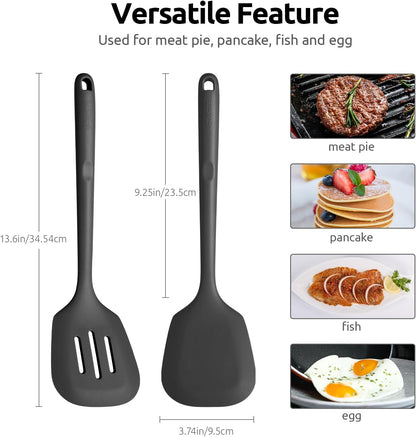 600ºF Heat Resistant Silicone Turner: U-Taste 13.6in Long Solid & Slotted Thick Kitchen Spatula Flipper, Large Flexible Cooking Utensil for Flipping Egg in Nonstick Cookware (Classic Black, 2PCS)