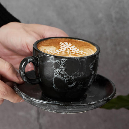 SIDUCAL Espresso Cups Set of 4,6 Ounce Ceramic Coffee Cups with Saucers,Porcelain Double Espresso Cup Set,Gift Box for Boyfriend Gift(Black)