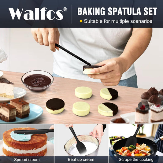 Walfos Silicone Spatula Set of 8(600°F）- Heat Resistant Kitchen Silicone Scraper Spatulas & Mini Spatulas, One-Piece Seamless Design, Perfect for Cooking Mixing & for Non-stick Cookware,black