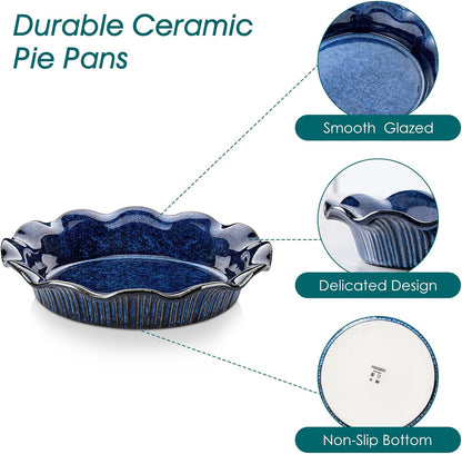 vancasso Stern Ceramic Pie Pan for Baking, 9 inch Pie Plates for Apple Pie and Quiche, Deep Pie Dish, Large Pot Pies, Thanksgiving Gifts for Women -Blue