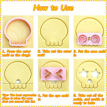 Mini Skull Cookie Cutter Set, Interchangeable DIY Halloween & Día de los Muertos Biscuit Stamps, 3D Raised Design Molds for Cookie Decorating, Cupcakes, Day of the Dead Pastries & Party Treats