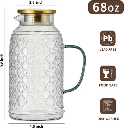 Glass Pitcher with Lid, 2 PACK 68 oz/2 Liter Vintage Water Pitcher, Clear Borosilicate Glass Water Carafe for Cold Brew, Coffee, Lemonade, Iced Sun Tea,Beverage, Milk, Heat Resistant