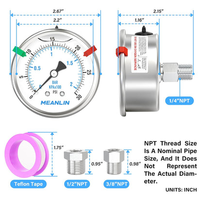 MEANLIN MEASURE 0~30Psi Stainless Steel Liquid Filled Pressure Gauge 2.5" FACE DIAL 1/4" NPT for Pool Sand Filter Water Oil Air Pressure Test Back Mount with Stainless Steel Hex Bushing and Snaps