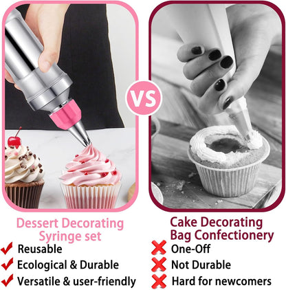 Hendiy Dessert Decorating Syringe Set, Frosting Piping Kit Stainless Steels Cake Decorating Kit with 6 Piping Tips & 9 silicone cupcakes, Cupcake Decorating Kit Piping Bags and Tips Set