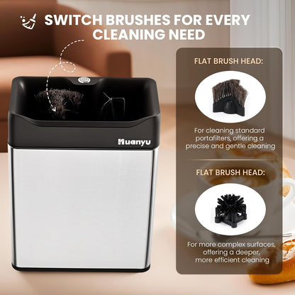 Huanyu Portafilter Cleaner Electric, 6L Large Capacity, with Dual Brush Heads, 3 Scrapers for 58mm and 51mm Portafilters, Automatic Coffee Grounds Cleaning Machine