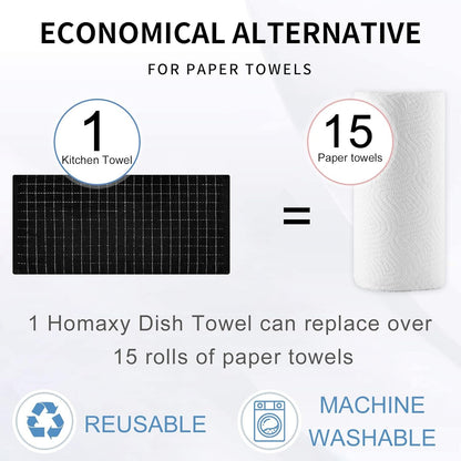 Homaxy 100% Cotton Terry Kitchen Towels(Black, 13 x 28 inches), Checkered Designed, Soft and Super Absorbent Dish Towels, 12 Pack