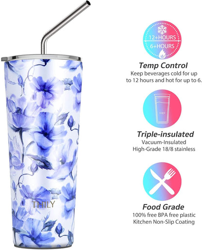 THILY Stainless Steel Vacuum Insulated Tumbler 26 oz Triple-Insulated Travel Mug with Splash-Proof Lid, for Iced Coffee and Hot Beverage, Iridaceae + Red Lotus