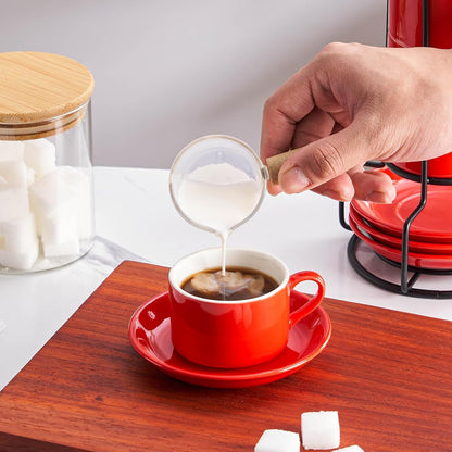 8oz Porcelain Stackable Cappuccino Cups with Saucers and Metal Stand Set of 4, Coffee Cups for Espresso, Specialty Coffee Drinks, Latte, Americano and Tea - Red