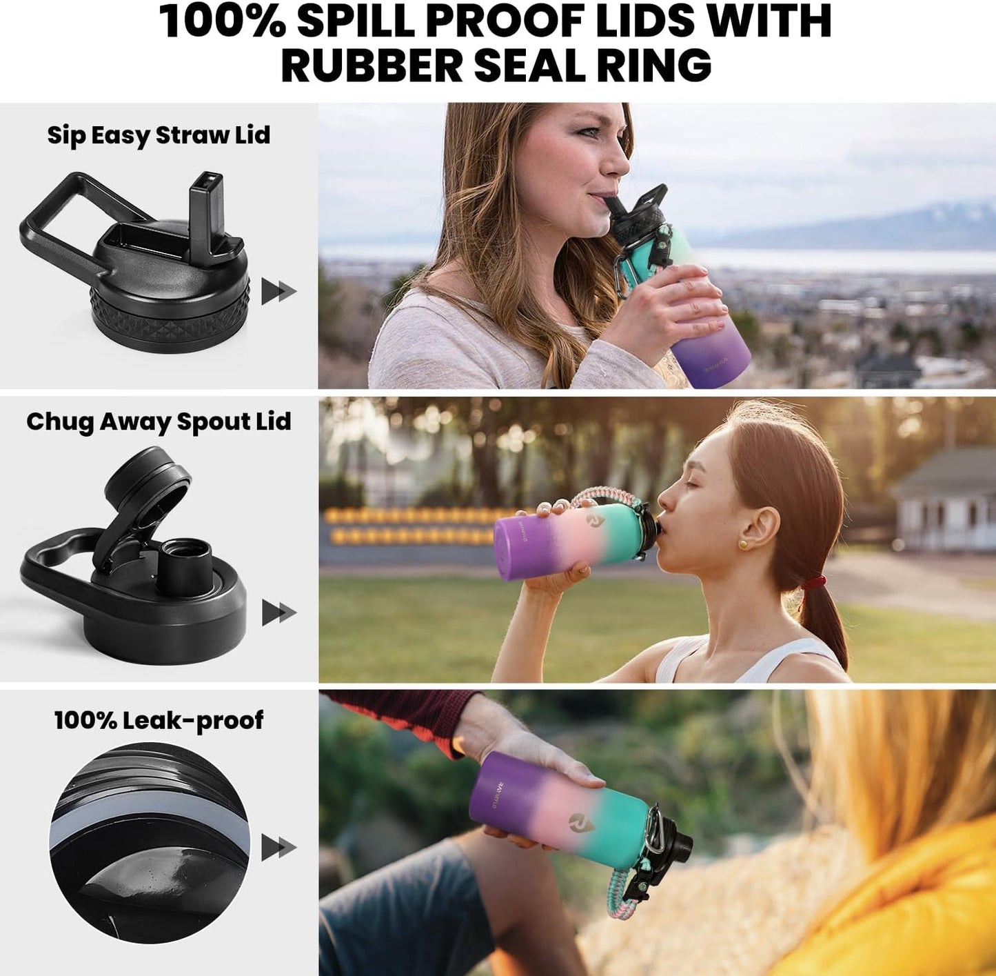 Insulated Water Bottle 32 oz, Triple Wall Vacuum Stainless Steel (Cold for 48 Hrs), Leak Proof & Non-BPA, Modern Water Flask Jug with Paracord Handle & Straw Spout Lids, Hydrangea