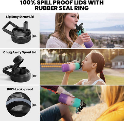 Insulated Water Bottle 32 oz, Triple Wall Vacuum Stainless Steel (Cold for 48 Hrs), Leak Proof & Non-BPA, Modern Water Flask Jug with Paracord Handle & Straw Spout Lids, Hydrangea