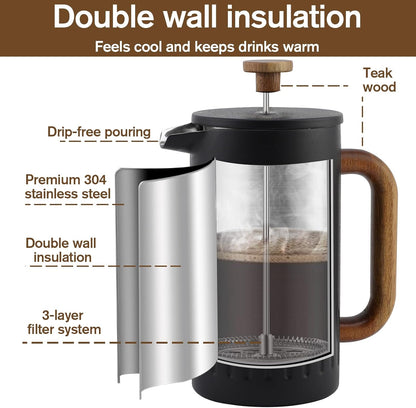 Rorence 34oz French Press Coffee Maker, Coffee Press with Real Wood Handle & Plunger Head, Double Wall Insulation & Dual-Filter Screen, incl. replaced filters & instructions, Black