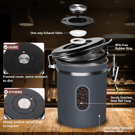 ROCKY&CHAO 2800ML Coffee Canister with Date Tracker&Transparent Window, 35OZ Coffee Container with 30ML Measure Spoon&4 co2 Valve, Coffee Bean Storage Container for Grounds Coffee, Beans, Tea(Gray)