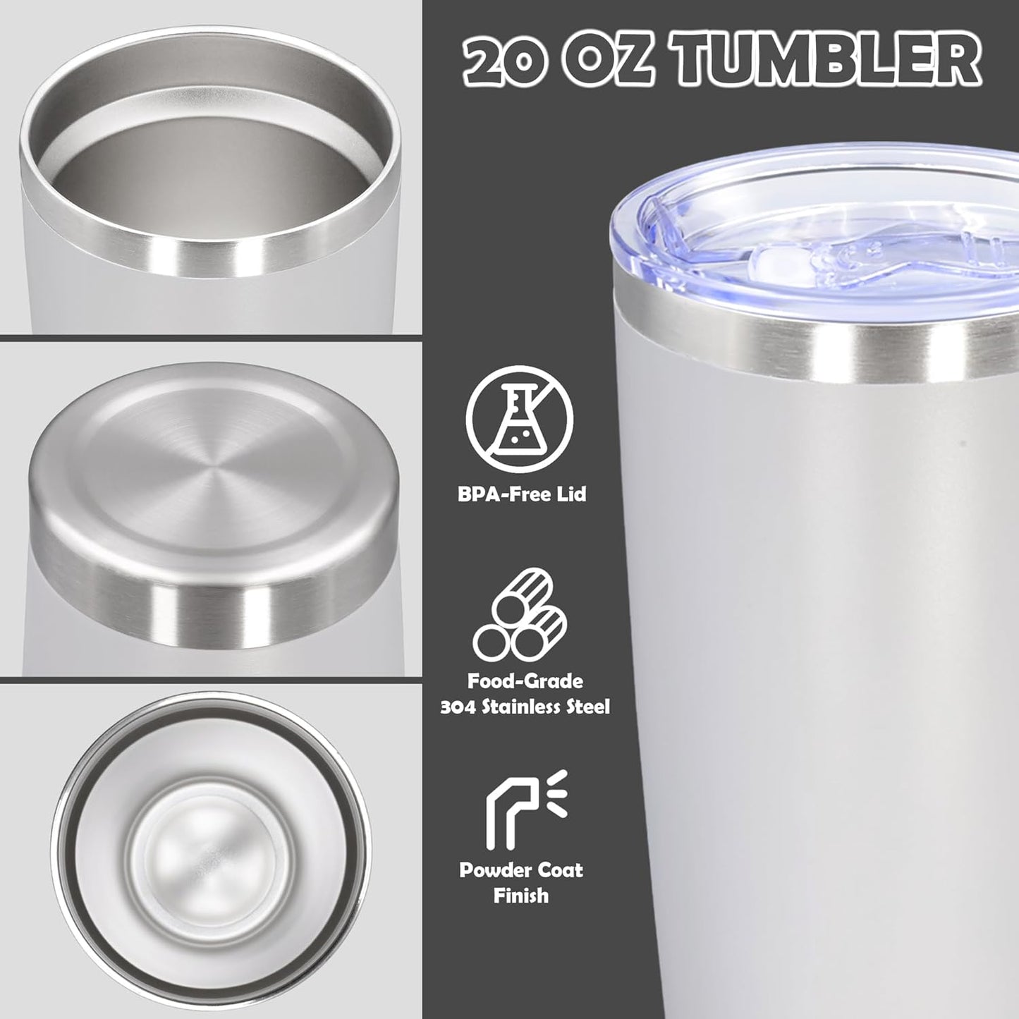 20oz Tumbler Stainless Steel Tumbler Cup with Lid Vacuum Insulated Double Wall Travel Mug, Durable Powder Coated Travel Coffee Tumbler Mug for Hot & Cold Drinks, White,4 Pack