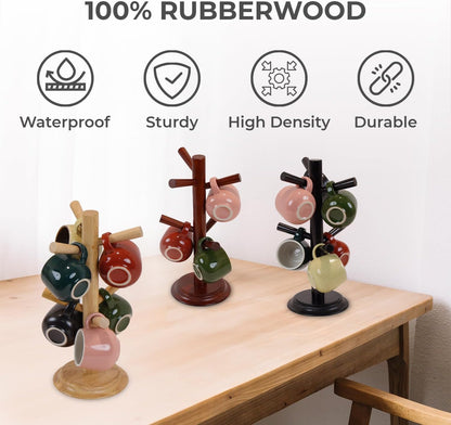 Pack 2 Mug Tree 6 Hooks Rubberwood 13.5"x7"x7", Strudy & Thick Base, Large & Small Cup Holder Tree Wooden for Jewelry, Kitchen Tools, Pantry, Ornaments, Countertop, Table Organizer (Brown)