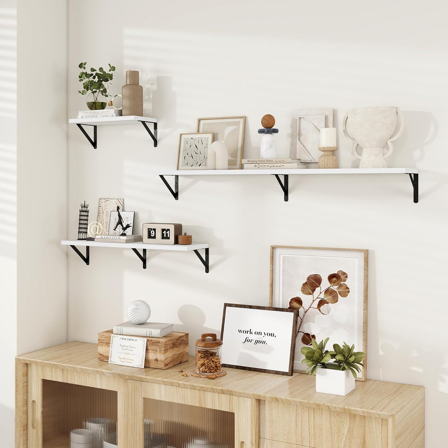 Dreamland 8 inch Deep Floating Shelves for Wall, 55W x 8D Wall Mounted Shelves Set of 2, Wide Display Ledge Shelf with Sturdy Metal Brackets for Living Room, Bathroom, Bedroom and Kitchen, White