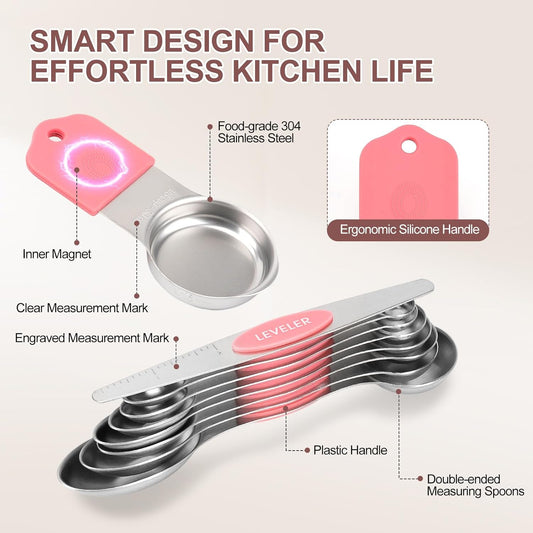 15-Piece Stainless Steel Measuring Cups and Spoons Set, Strong Magnetic Nesting Design 7 Cups 7 Spoons with Leveler, Double Measurement Markings for Dry & Liquid Ingredients, Pink & Colorful