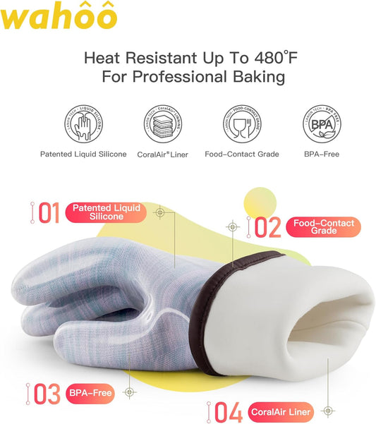 wahoo Professional Liquid Silicone Oven Mitts Gloves, Heat Resistant Gloves for Cooking, Baking, CoralAir Liner, 12 Inch, Purple, Large