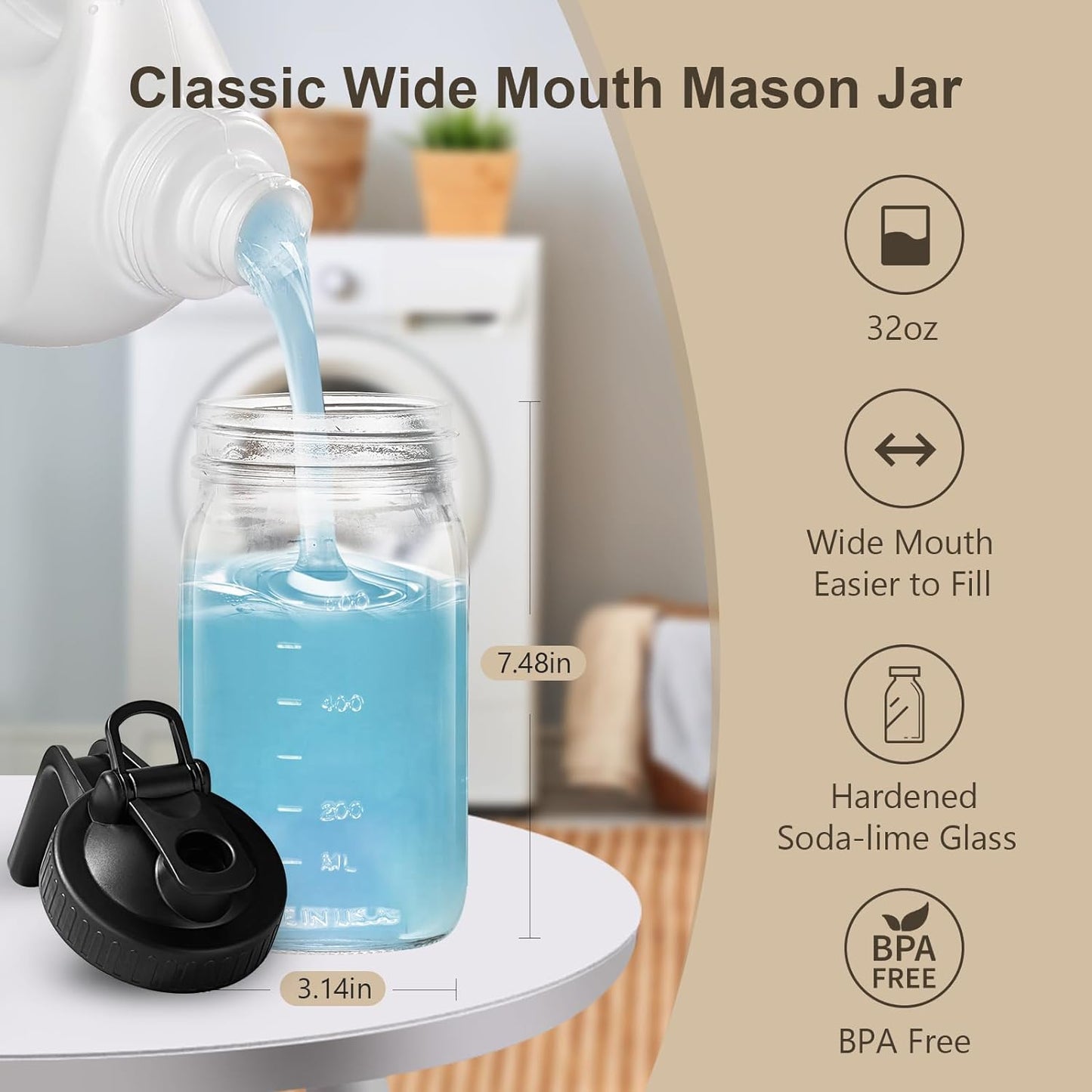 Creamer Pitcher Jar with Lid - 2 Pack No Leak 32oz Airtight Mason Jar with Pour Spout Lid, Classic Wide Mouth Jug Easy to Clean, Ideal for Coffee, Breastmilk, Iced & Sun Tea, Juices