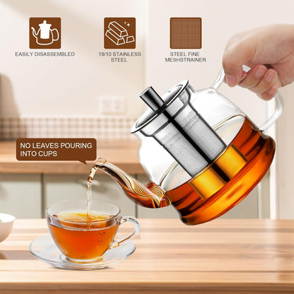 Glass Teapot 1600ml (54oz) - Borosilicate Glass Tea Kettle with Removable Stainless Steel Infuser, Stovetop Safe Heat-Resistant Tea Maker for Blooming and Loose Leaf Tea (1600ml)