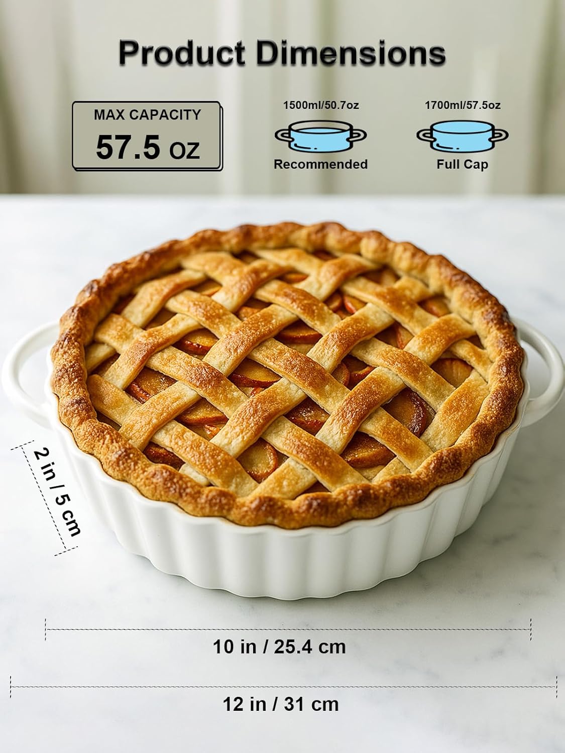 10×2in Deep Ceramic Pie Pan with Handles for Pie Quiche Tart Baking. Easy to grip, Lead-Free. Casserole Lasagna Dish for Thanksgiving Christmas Wedding Gift. Microwave, Dishwasher, Oven Safe