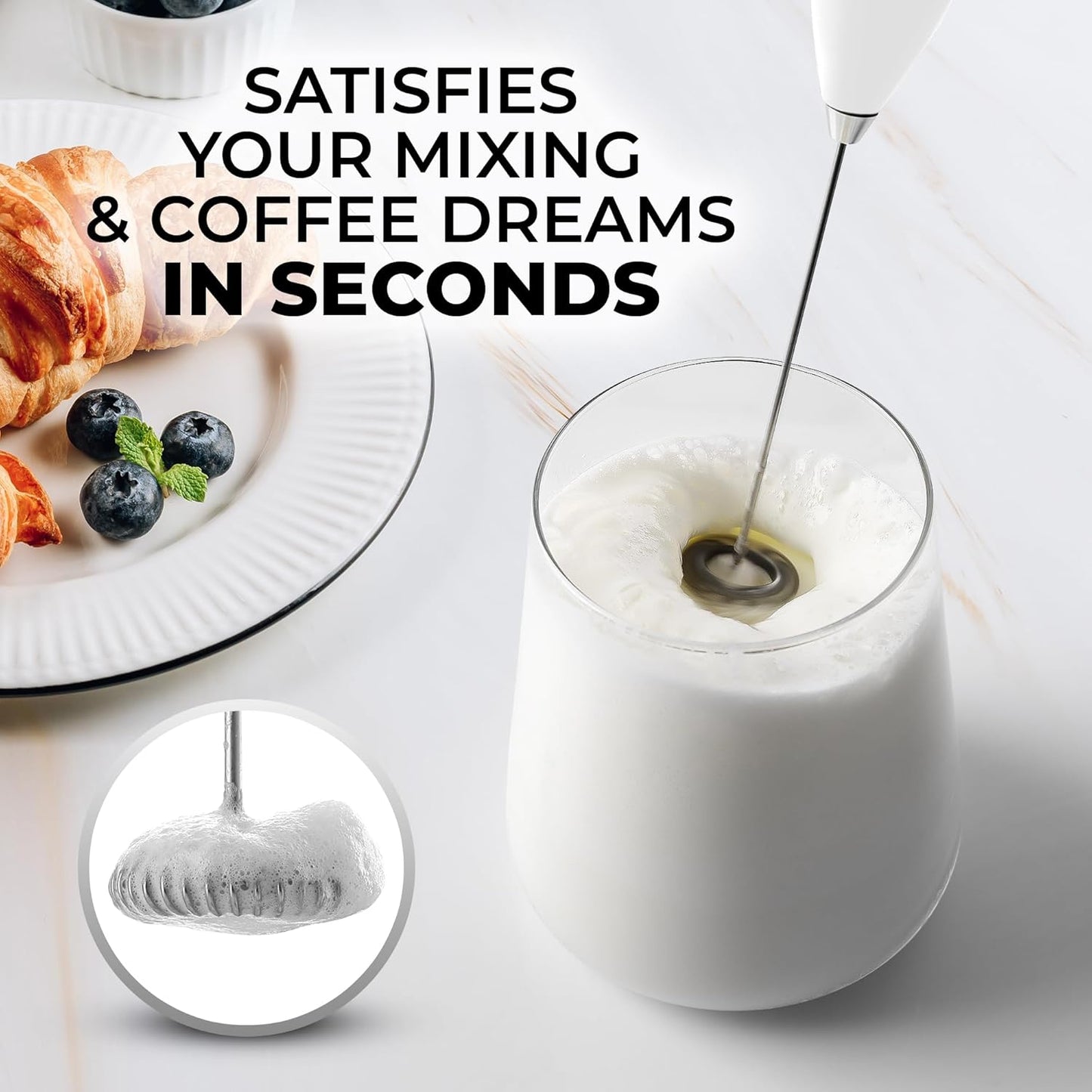 Zulay Kitchen Powerful Milk Frother Wand - Ultra Fast Handheld Drink Mixer - Electric Whisk Foam Maker for Coffee, Lattes, Cappuccino, Frappe, Matcha & Coffee Creamer - Milk Boss White with Hearts