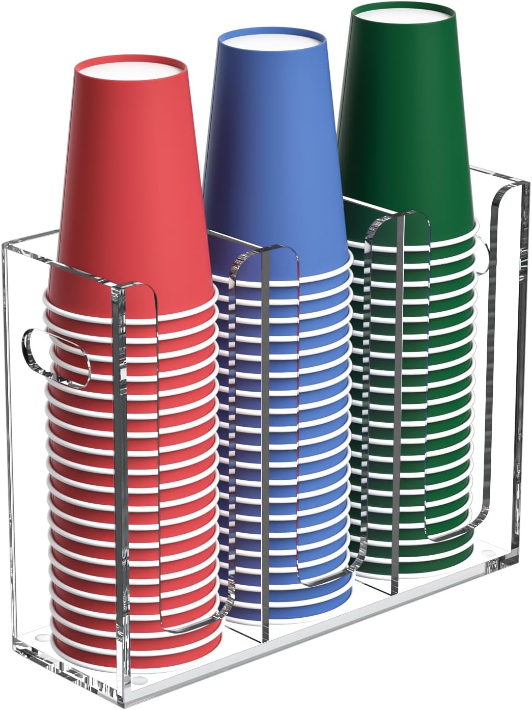 Disposable Coffee Cup Dispenser with Handles, Countertop or Wall Mount Hot/Cold Drink Cup and Lid Holder - Bathroom/Kitchen/Office Acrylic Cup Lid Storage Organizer (3 Compartments, Clear)