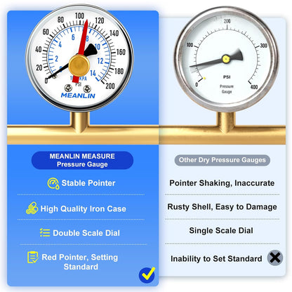 MEANLIN MEASURE 0-200Psi 2" DIAL FACE 1/4" NPT Well Pump Pressure Gauge with 1/2" NPT and 3/8" NPT Adaptor, 3-2-3% Accuracy,with Red Pointer Center Back Mount