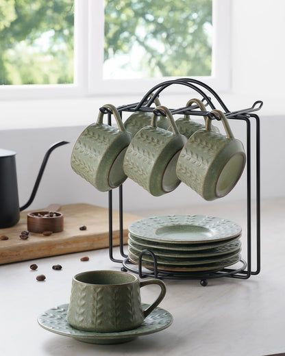 Espresso Cups Set of 6, 4 oz Demitasse Cups with Saucer and Metal Stand Small Coffee Cup Set, Porcelain Cappuccino Cups for Latte, Cafe Mocha and Tea, Green
