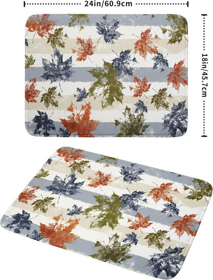 Autumn Colorful Maple Leaves Dish Drying Mat for Kitchen Counter,Blue and White Stripe Drying Mat 18 x 24 Inch with Absorbent Reversible Microfiber Dish Drying Pad Dish Rack Drainer Mat for Coffee Bar