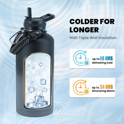 Insulated Water Bottle 87 oz, Triple Wall Vacuum Stainless Steel (Cold for 48 Hrs), Leak Proof & Non-BPA, Modern Water Flask Jug with Paracord Handle & Straw Spout Lids, Dark Grey