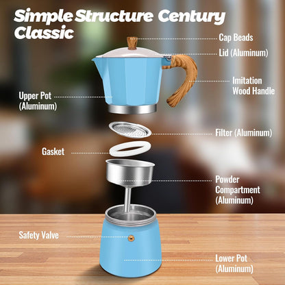 3 Cup Aluminum Moka Pot Classic Stovetop Espresso Coffee Maker 150ml 5oz Coffeemaker Percolator Mocha Pot Greca Coffee Maker Cafe Makers for Italian and Cuban Café Brewing Blue