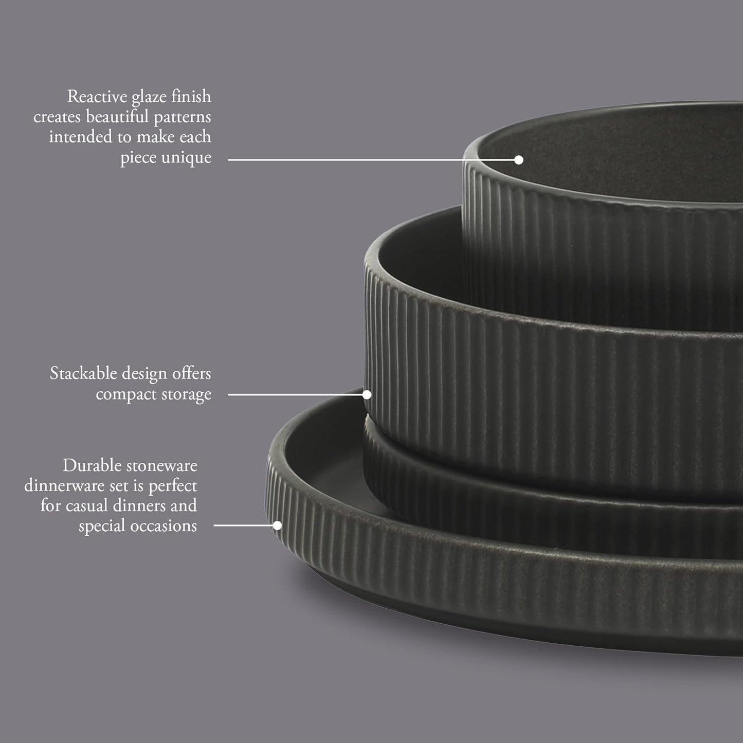 Gibson Elite Deerfield 16-Piece Stoneware Dinnerware Set – Matte Black Reactive Glaze Plates and Bowls, Stackable, Modern Design, Service for 4 – Microwave & Dishwasher Safe