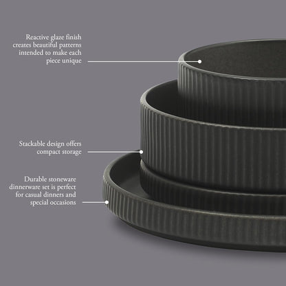 Gibson Elite Deerfield 16-Piece Stoneware Dinnerware Set – Matte Black Reactive Glaze Plates and Bowls, Stackable, Modern Design, Service for 4 – Microwave & Dishwasher Safe