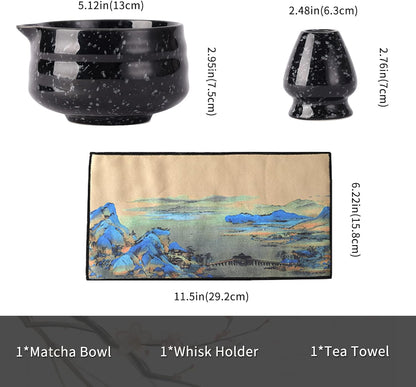 Japanese Ceramic Matcha Bowl - 16oz Speckle Glaze Chawan & Whisk Stand for Perfect Froth, Dishwasher Safe Black