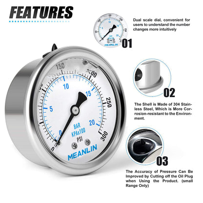 MEANLIN MEASURE 0~300Psi Stainless Steel 1/4" NPT 2.5" FACE DIAL Liquid Filled Pressure Gauge WOG Water Oil Air Center Back Mount, with 1/4" x 1/2" NPT and 1/4" x 3/8" NPT Hex Bushing