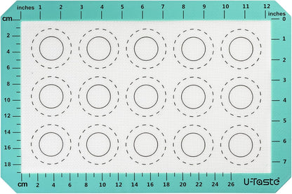 446ºF Heat Resistant Macaron Mat: U-Taste 14.17x9.44in Non Stick Silicone Baking Mat, Reusable Cookies Pastry Sheet Liner with Edge Enhancement & Circle Measurement for Cake Pan (Aqua Sky)