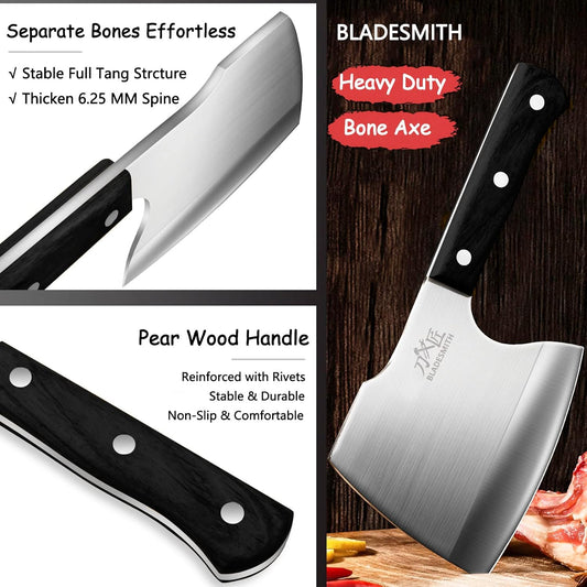 BLADESMITH Bone Cleaver Knife, Full Tang, Heavy Duty use, for Big Bones and frozen meat, Axe Blade Shape, 2lbs -7mm Thickness high Carbon Steel, Black wood Handle,2025 Gifts