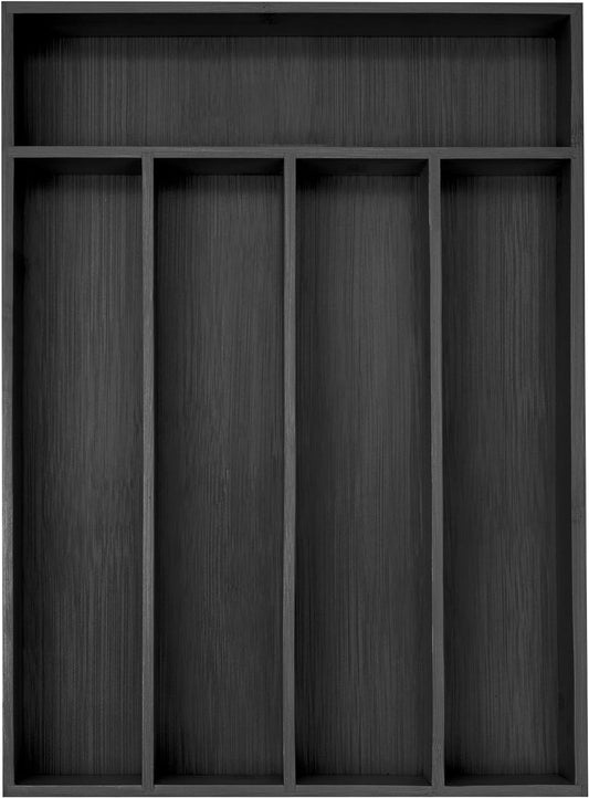 Bamboo Silverware Holder - Drawer Organizer with 5 Slots (Black)