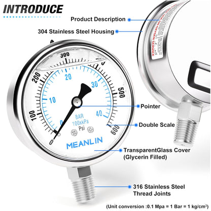MEANLIN MEASURE 0~600Psi Liquid Filled Pressure Gauge Stainless Steel with 316 Stainless Steel Joint 1/4" NPT 2.5" FACE DIAL for WOG Water Oil Air Lower Mount