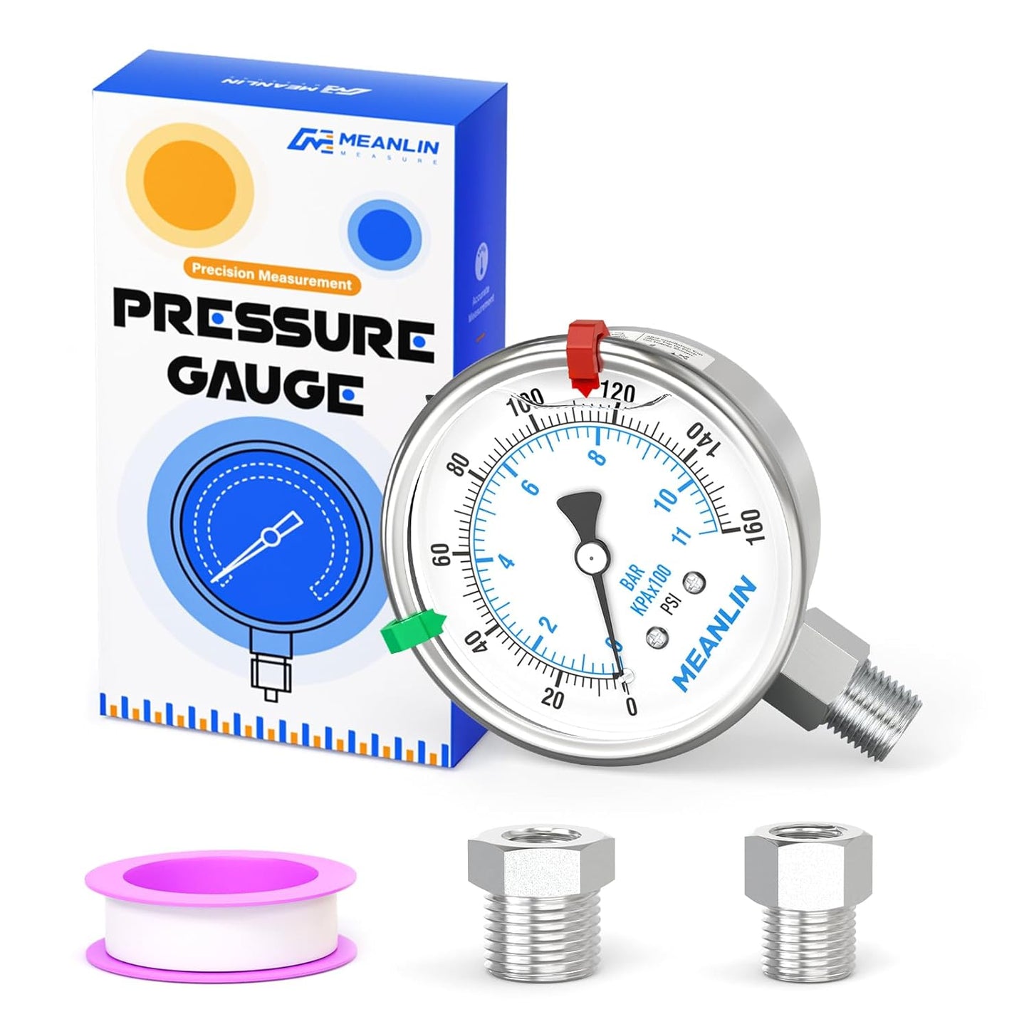 MEANLIN MEASURE 0~160Psi Stainless Steel Liquid Filled Pressure Gauge 2.5"FACE DIAL 1/4"NPT for Air Compressor RV Regulator Water Pressure Tester Lower Mount with Stainless Steel Hex Bushing and Snaps