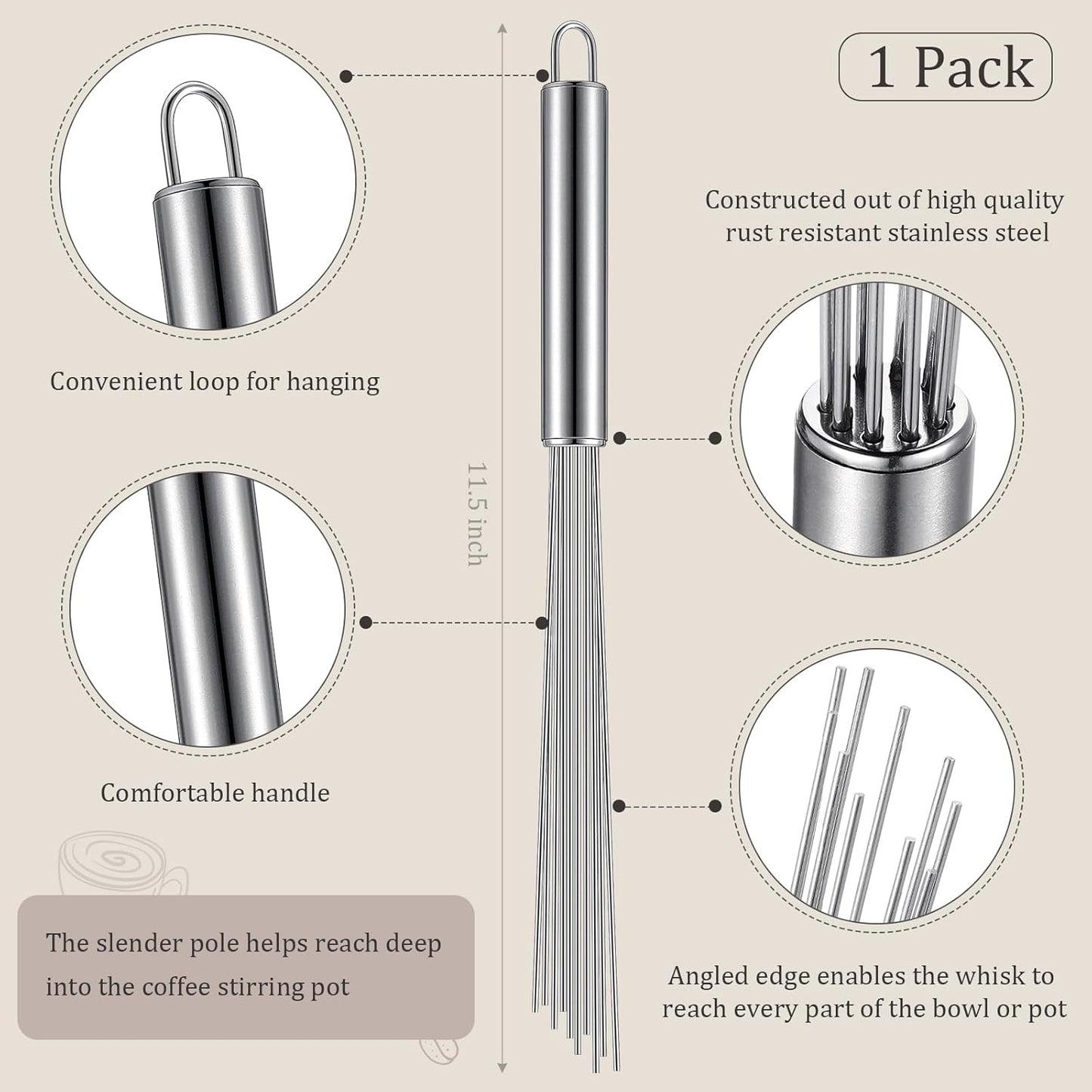 Baderke 1 Pcs Espresso Whisk 11.5 Inch Long Handle Barista Whisk 10 Needles 2 mm Stainless Steel Coffee Stirrer Tool Efficient Mixing Time Saving Reduction Clumping Ideal for Commercial Home
