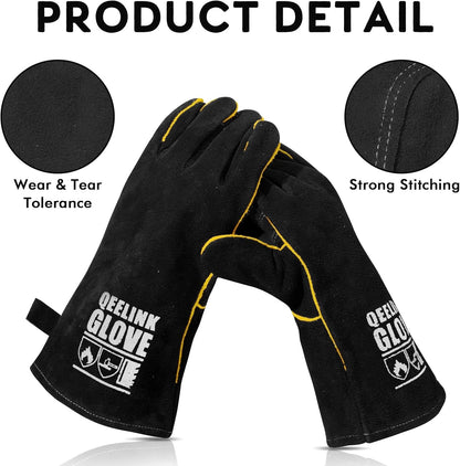 QeeLink Welding Gloves - Heat Resistant Leather and Fireproof Stitching for Fireplace Fire Pit Wood Stove BBQ Gardening Gear