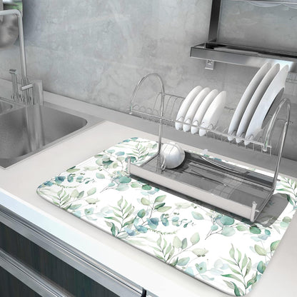Sage Green Leaves Dish Drying Mats for Kitchen Counter 18x24 Inch, Leaves Kitchen Drying Mat,Watercolor Herbs Dishes Pad Dish Drainer Rack Mats Absorbent Fast Dry Kitchen Accessories