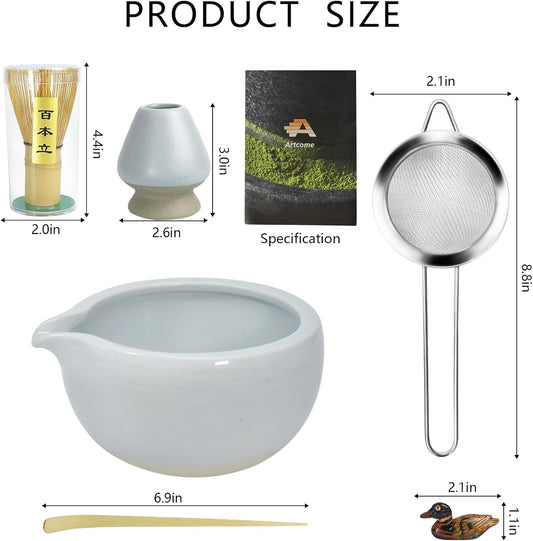 Artcome Matcha Ceremony Kit for Japanese Tea Ceremony, Bowl with Pouring Spout, Whisk, Tea Scoop, Matcha Powder Strainer, Matcha Tea Set For Making Usucha, Koicha and Matcha Latte (Cyan)