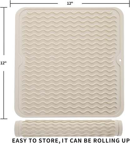 Silicone Dish Drying Mat for Multiple Usage,Easy clean,Eco-friendly,Heat-resistant Silicone Mat for Kitchen Counter or Sink,Refrigerator or Drawer liner Tapioca M 12 inches x 12 inches