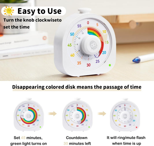 Visual Timer for Kids – 60min/12h Rainbow Magnetic Timer for Classroom, Rechargeable Silent Countdown Timer with Pomodoro Mode, ADHD Time Management Tool