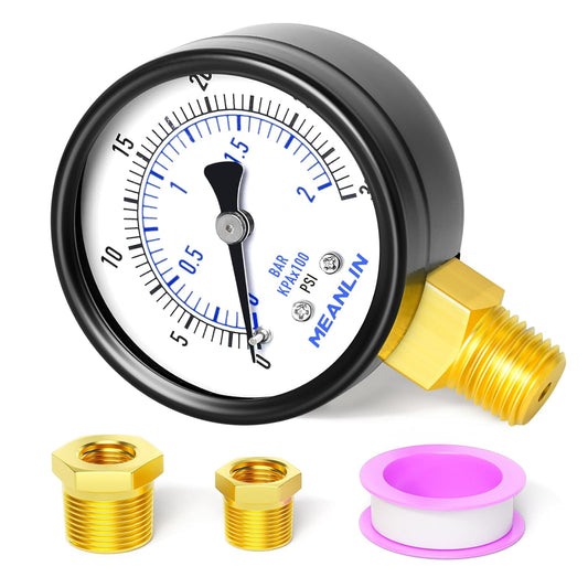 MEANLIN MEASURE 0-30Psi 2" DIAL FACE 1/4" NPT Well Pump Pressure Gauge, with 1/2" NPT and 3/8" NPT Hex Bushing, 3-2-3% Accuracy, Lower Mount